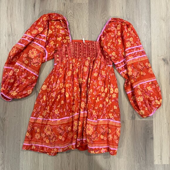 Free People Long Sleeve Mini Dress Boho Orange and Pink XS - Picture 6 of 6